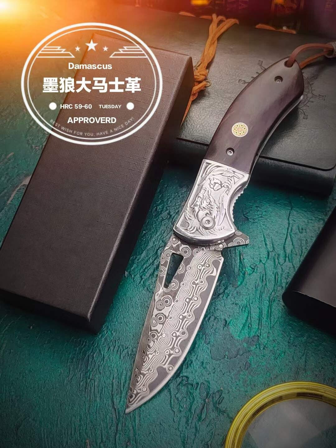 8''New Ebony Handle VG10 Damascus Blade Pocket Folding Knife VTF45W