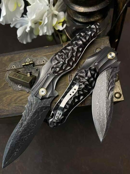 8''New FoldingKnife VG10 Damascus Blade Ebony Handle Knife VTF116