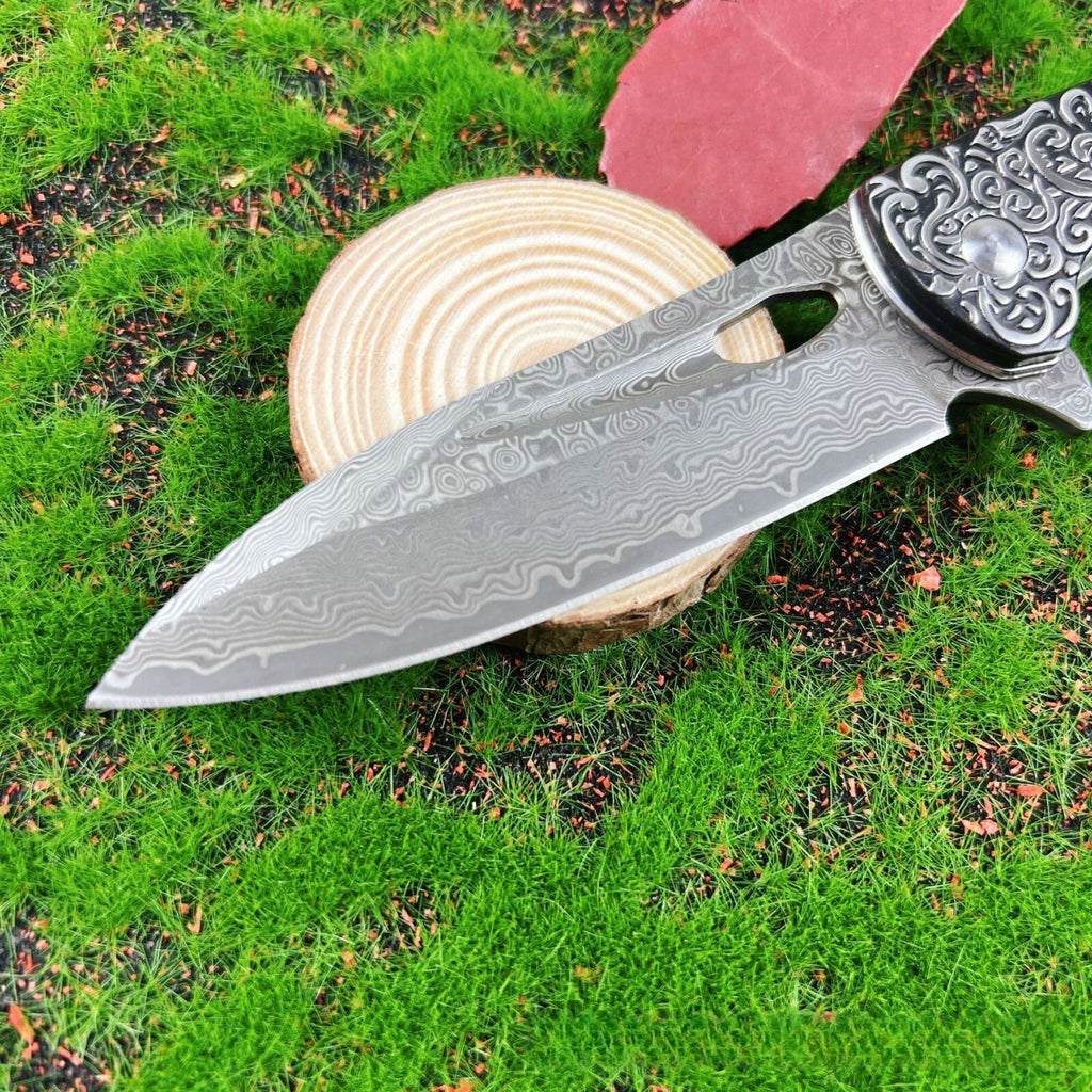 8''New Fast Opening Shell Handle VG10 Damascus Blade Pocket Folding Knife VTF108