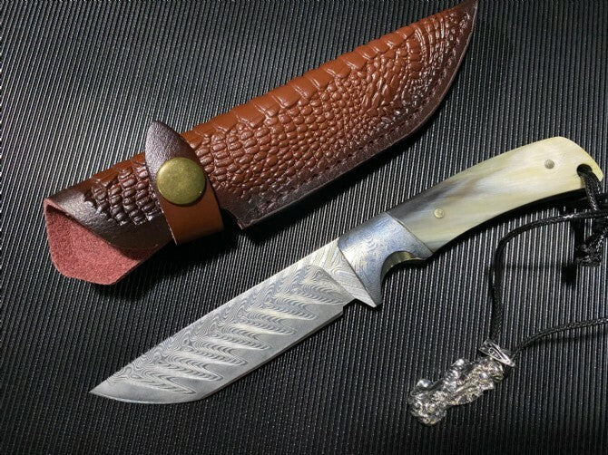 8'' New VG10 Damascus Blade Horn Handle Collection Camping Knife VTH09