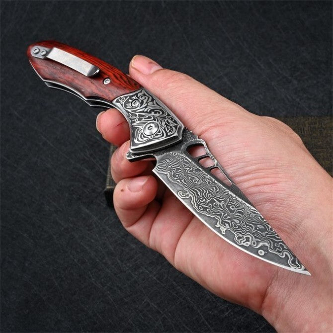 8'' New Folding Knife VG10 Damascus Blade Wood Handle Camping PocketKnife VTF62