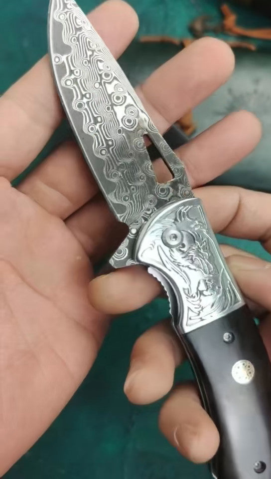 8''New Ebony Handle VG10 Damascus Blade Pocket Folding Knife VTF45W