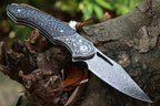 8'' New Manual VG10 Damascus Blade Ebony Handle Pocket Folding Tool VTF73