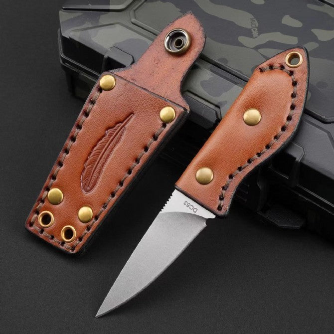 6'' New Mini DC53 Blade Leather Handle Full Tang Camping EDC Knife VTH68