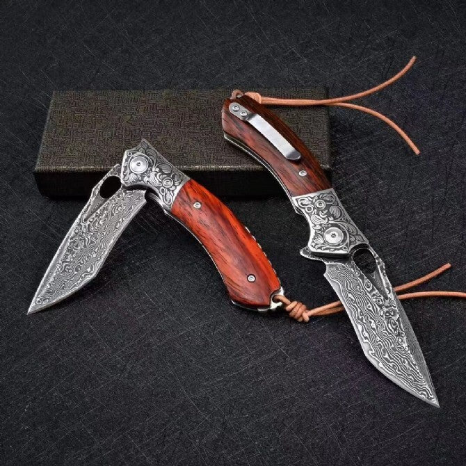 8'' New Folding Knife Wood Handle VG10 Damascus Blade Camping PocketKnife VTF42
