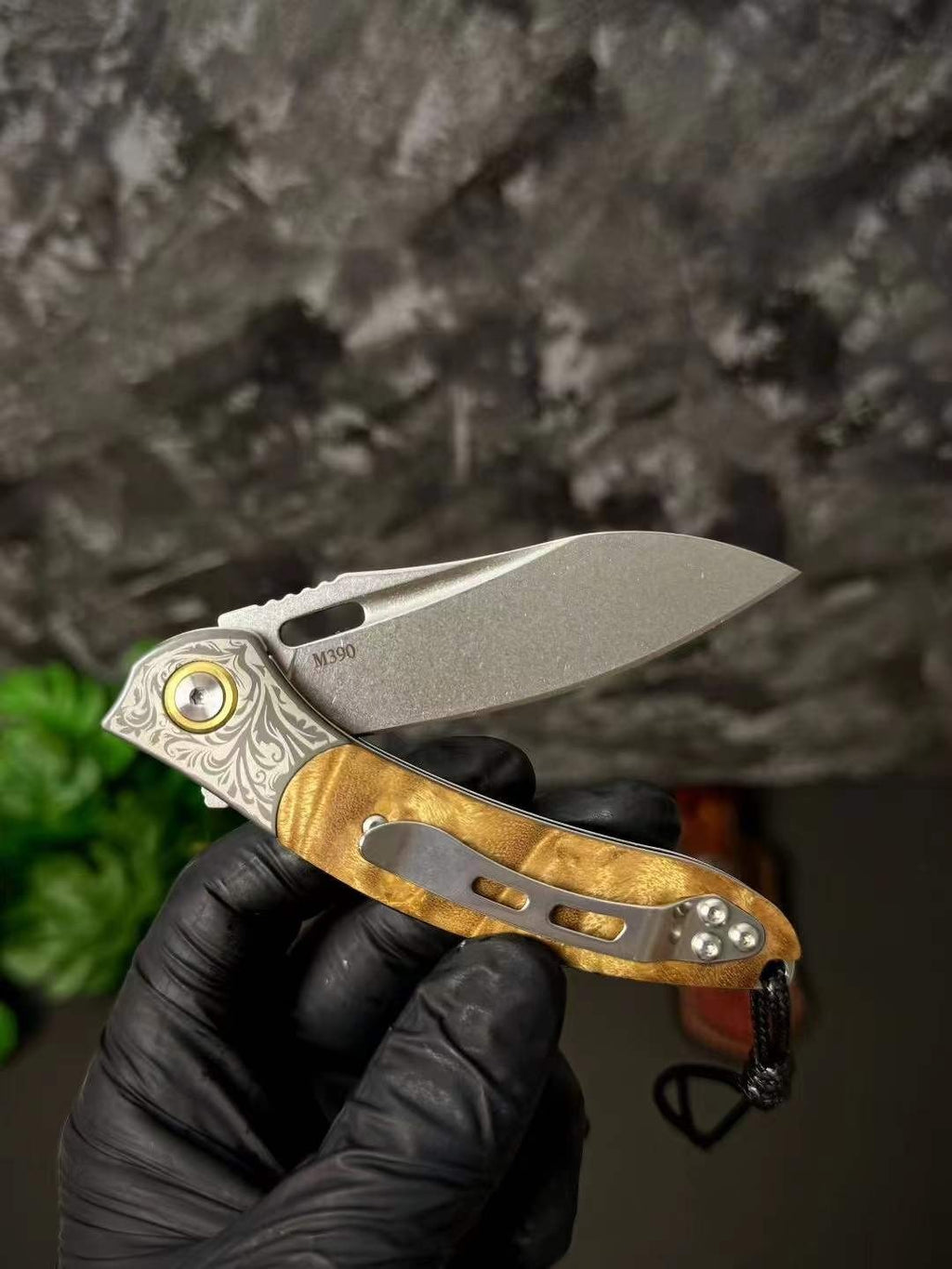 7''New Manual Folding Knife Stone Wash M390 Blade Wood Handle Pocket Knife VTF88