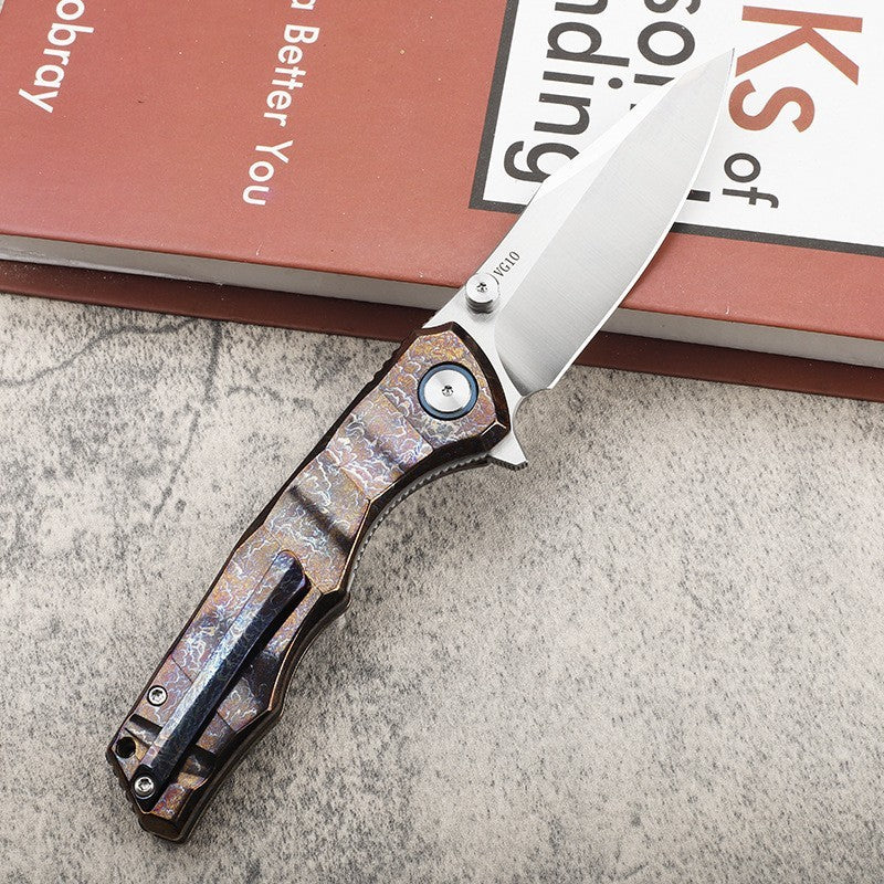 9'' New Manual VG10 Blade Full T4C Titanium Handle Pocket Camping Folding Knife VTF97
