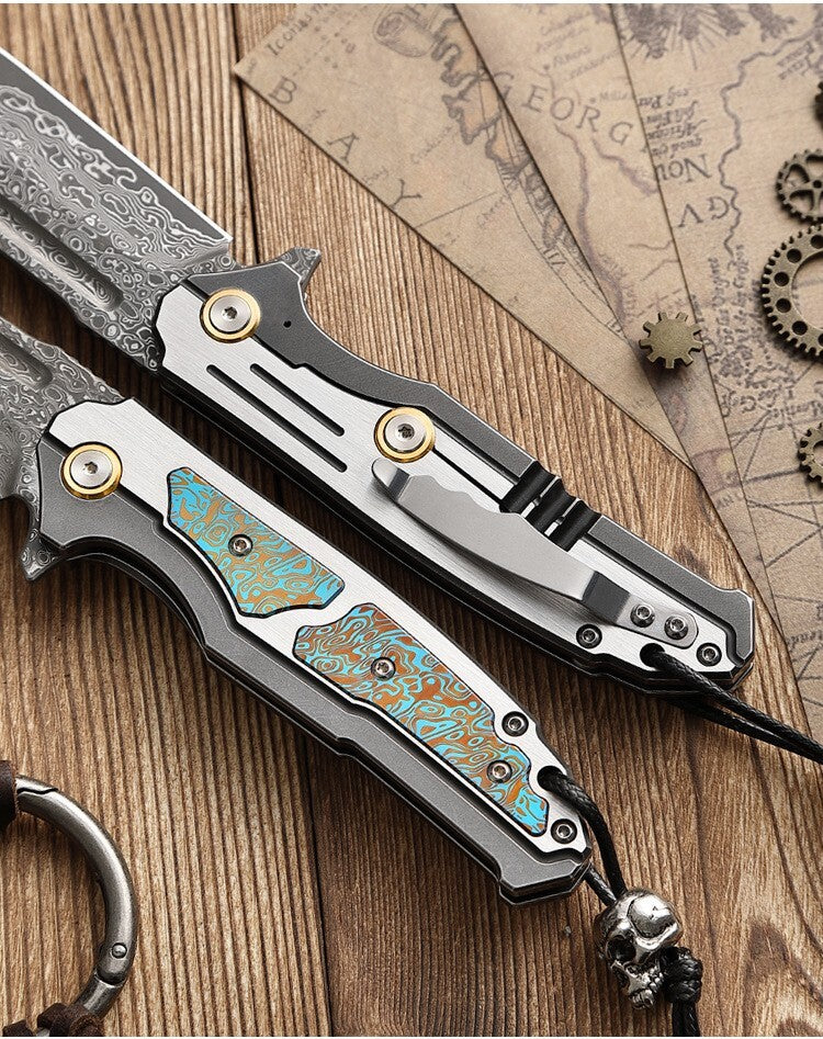 8'' New VG10 Damascus Blade Full T4C Titanium Handle  Folding Camping Pocket Knife VTF47