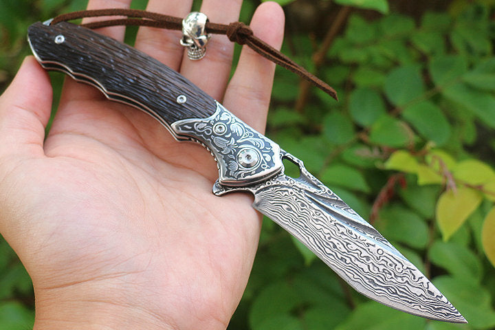 8'' New Fast Opening VG10 Damascus Blade Ebony Handle Pocket Folding Knife VTF72
