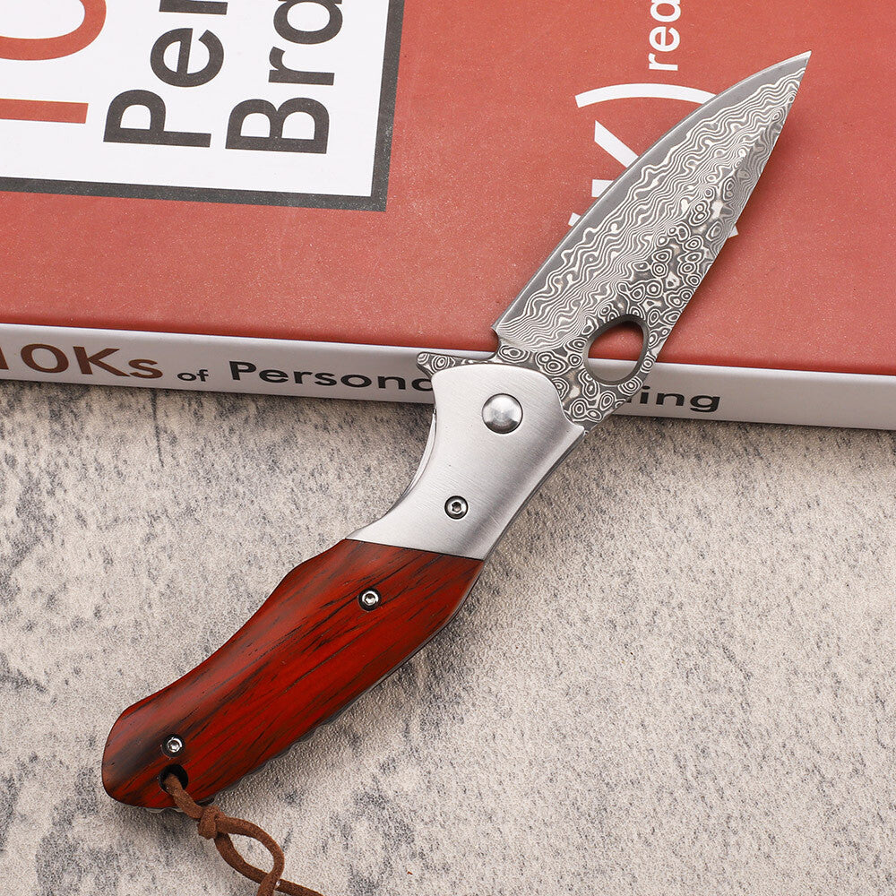 New Folding Knife VG10 Damascus Blade Wood Handle Camping Knife VTF43