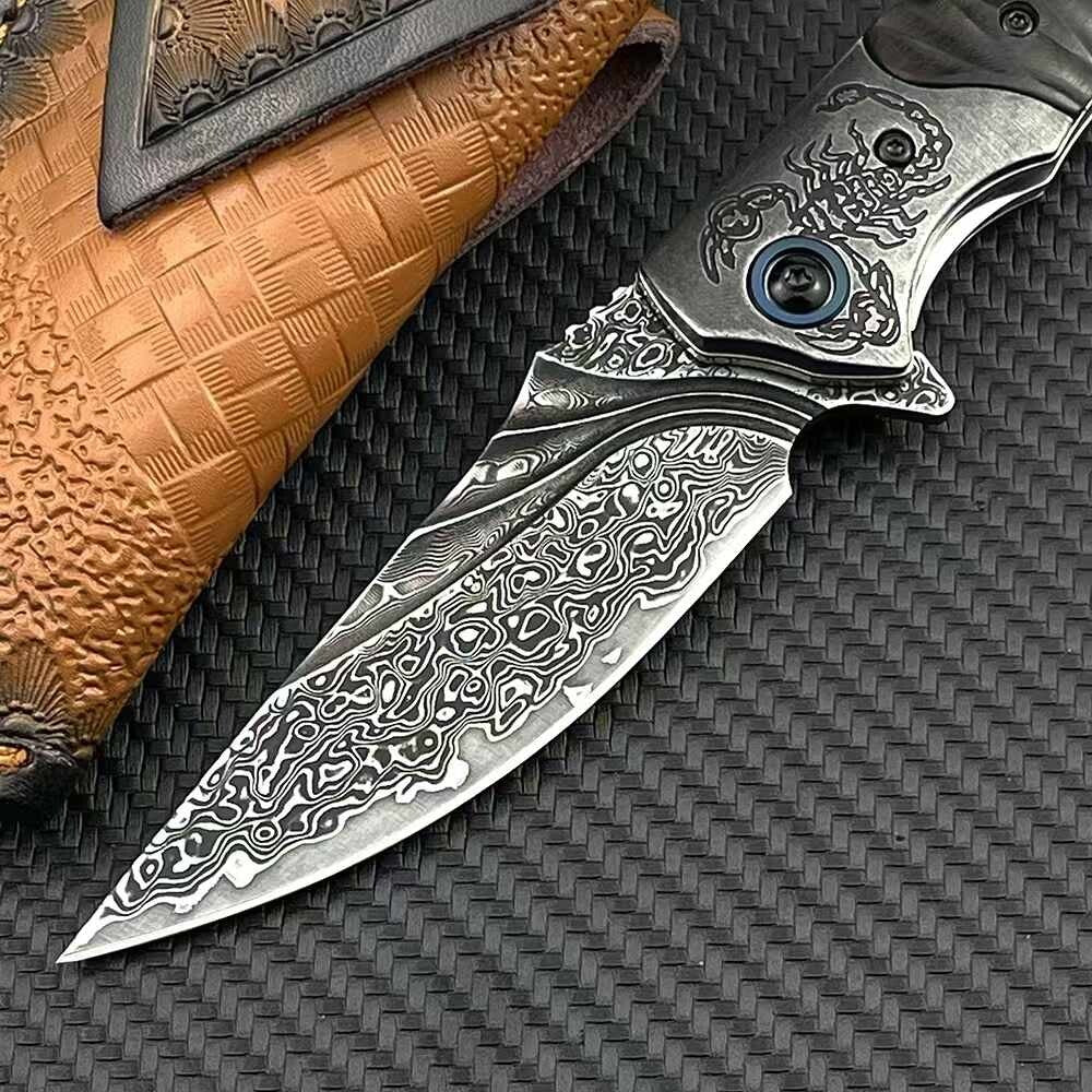 8'' New Fast Opening VG10 Damascus Blade Wood Handle Pocket Folding Knife VTF05