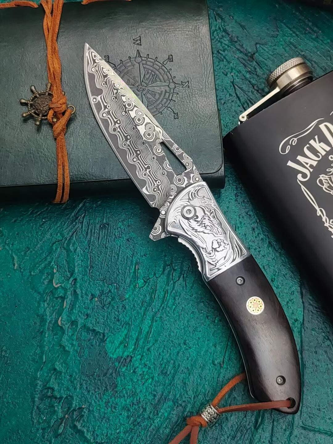 8''New Ebony Handle VG10 Damascus Blade Pocket Folding Knife VTF45W