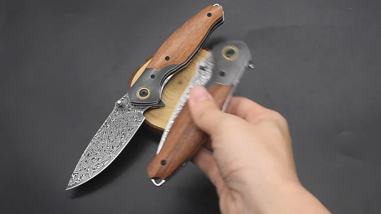 New Folding Knife VG10 Damascus Blade Wood Handle PocketKnife VTF38