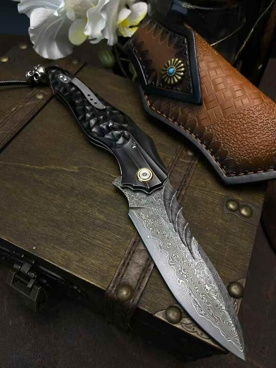 8''New FoldingKnife VG10 Damascus Blade Ebony Handle Knife VTF116