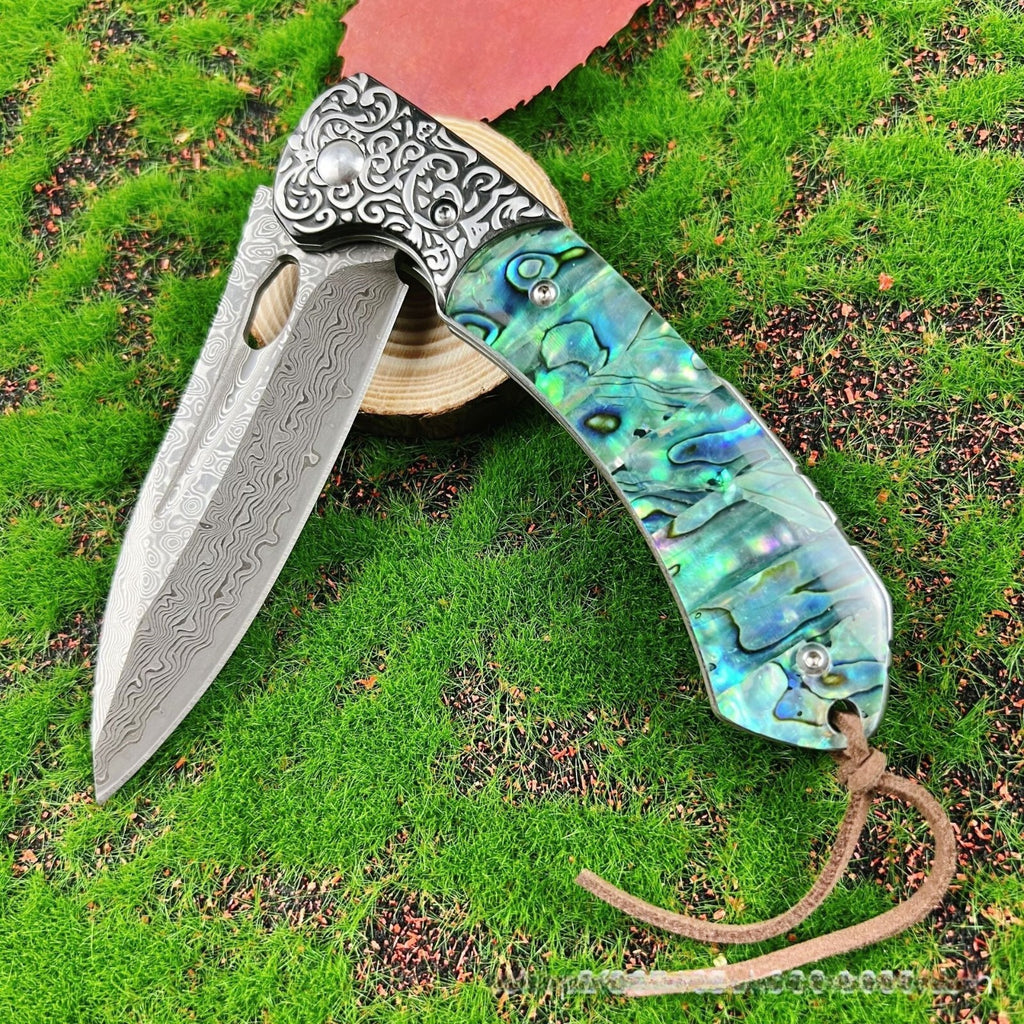 8''New Fast Opening Shell Handle VG10 Damascus Blade Pocket Folding Knife VTF108
