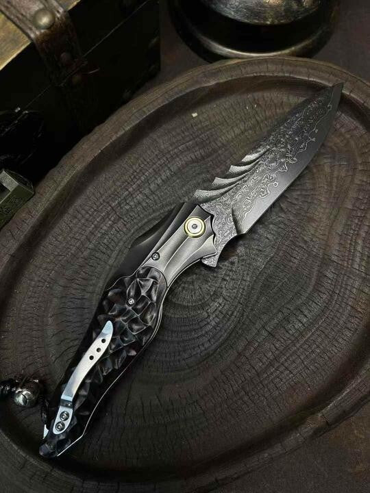 8''New FoldingKnife VG10 Damascus Blade Ebony Handle Knife VTF116