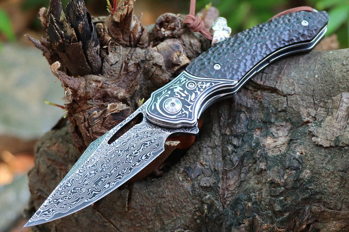 8'' New Manual VG10 Damascus Blade Ebony Handle Pocket Folding Knife VTF73