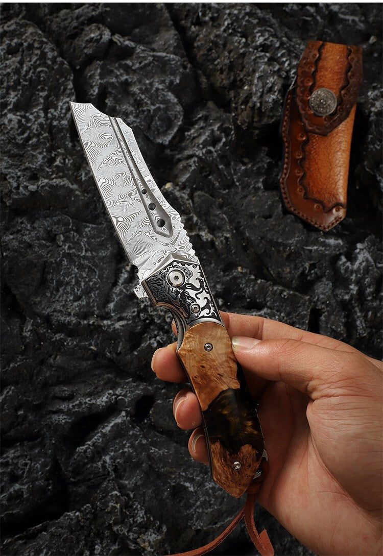 8'' New Folding Knife VG10 Damascus Blade Wood Handle Camping Knife VTF152