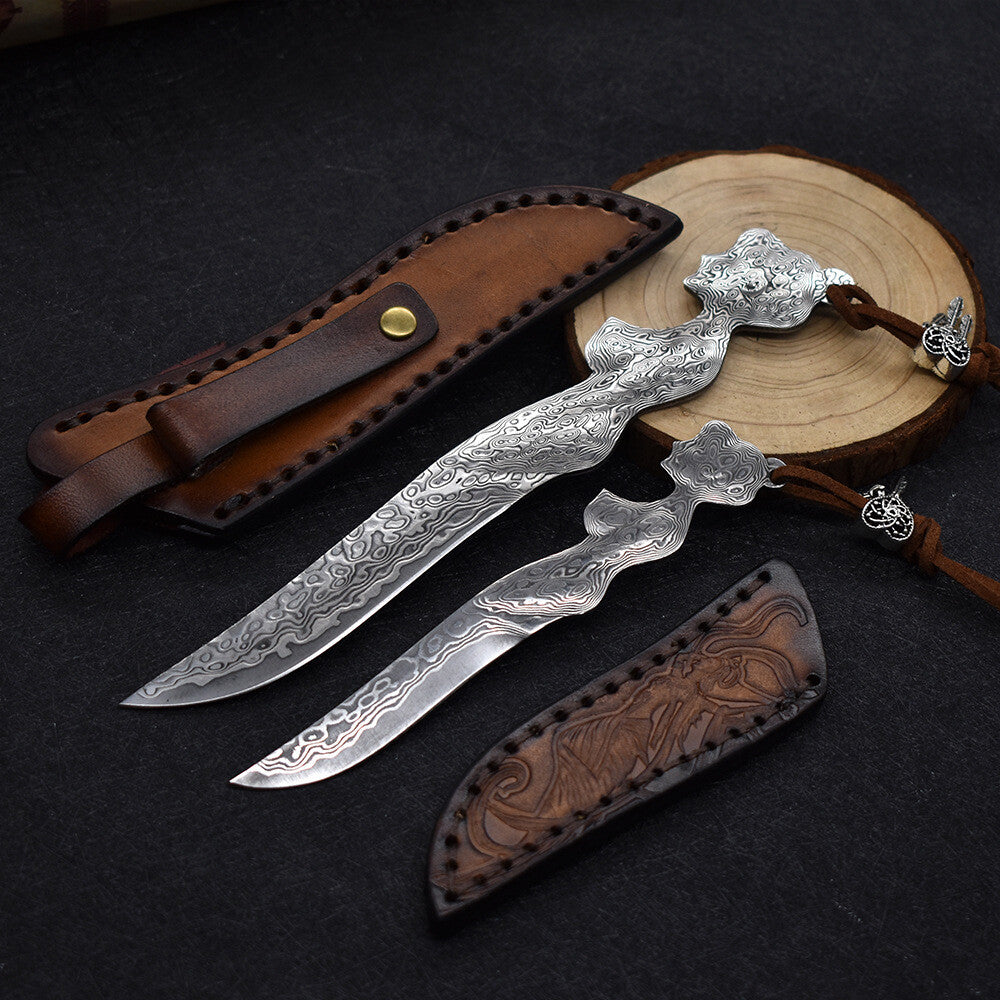 New Damascus Fixed Blade Sexy Portrait Handle Full Tang Collection Knife VTH83
