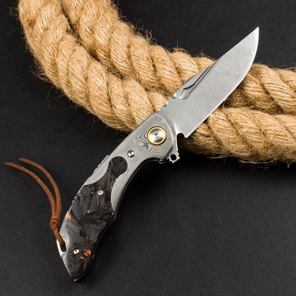 8'' New FlodingKnife Crushed Pocket Camping Damascus Blade Knife VTF81