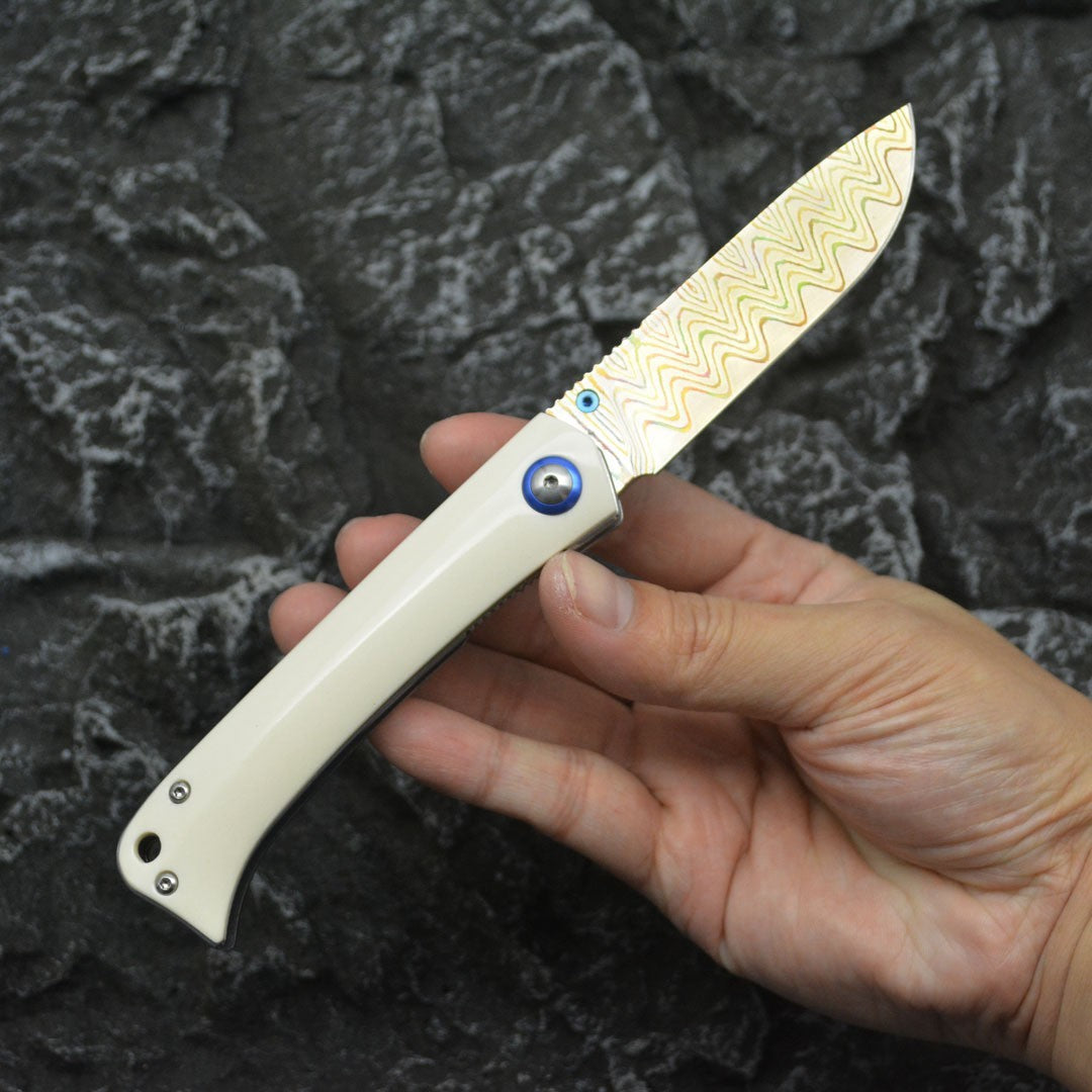 7.5''New Grade Copper Damascus Blade Bone Handle Camping EDC Folding Knife VTF13