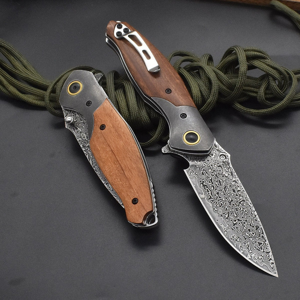New Folding Knife VG10 Damascus Blade Wood Handle PocketKnife VTF38