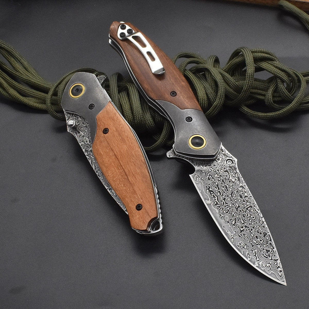 New Folding Knife VG10 Damascus Blade Wood Handle PocketKnife VTF38