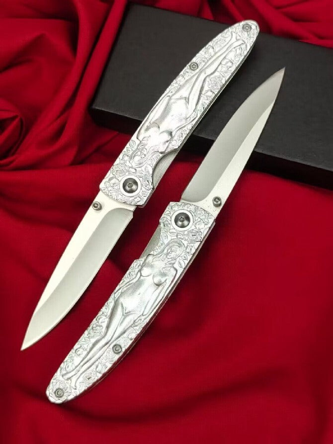 7'' New M390 Steel Blade Carve Sexy Portrait Aluminum Handle Folding Knife VTF04