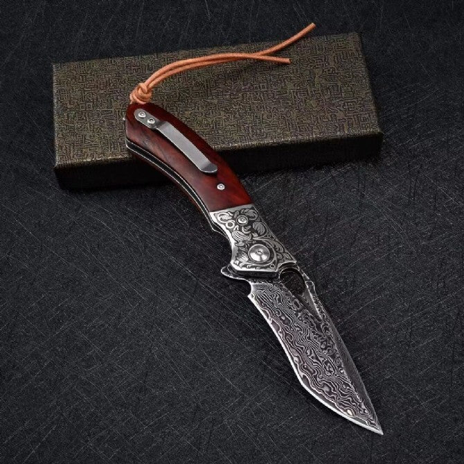 8'' New Folding Knife Wood Handle VG10 Damascus Blade Camping PocketKnife VTF42