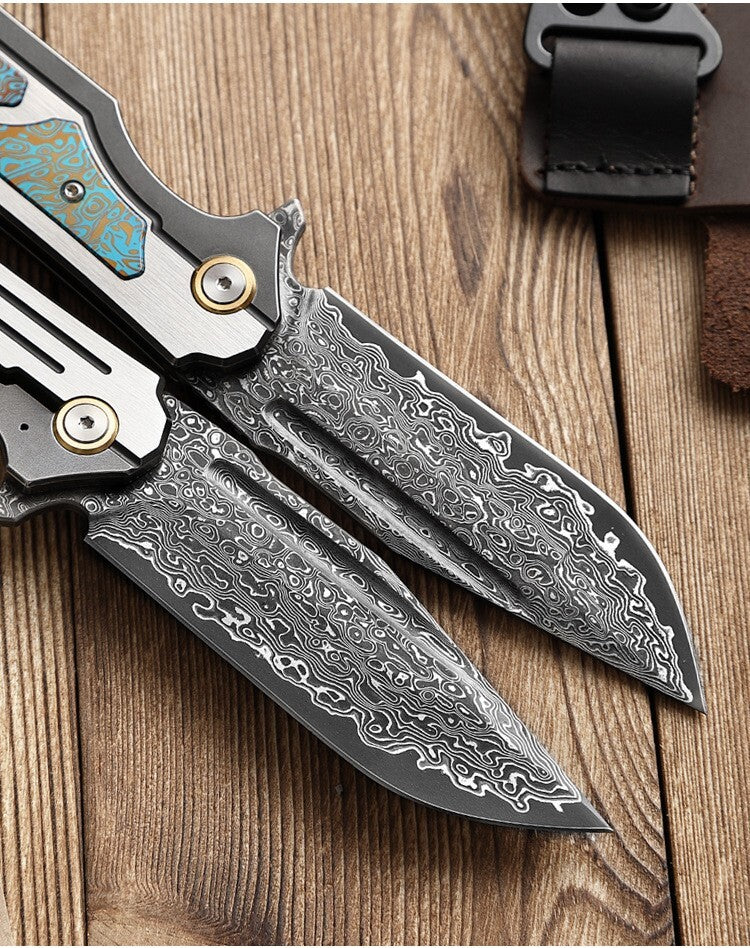 8'' New VG10 Damascus Blade Full T4C Titanium Handle  Folding Camping Pocket Knife VTF47