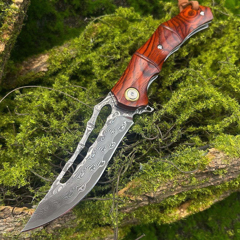 8'' New Fast Opening VG10 Damascus Blade Wood Handle Pocket Folding Knife VTF83
