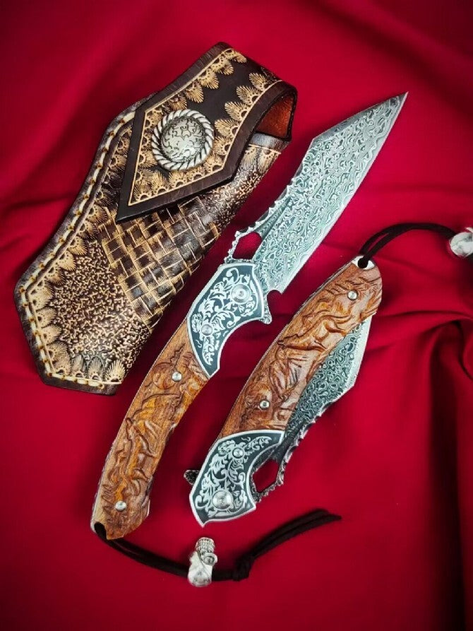 8'' New Folding Knife VG10 Damascus Blade Wood Handle Camping Knife VTF103