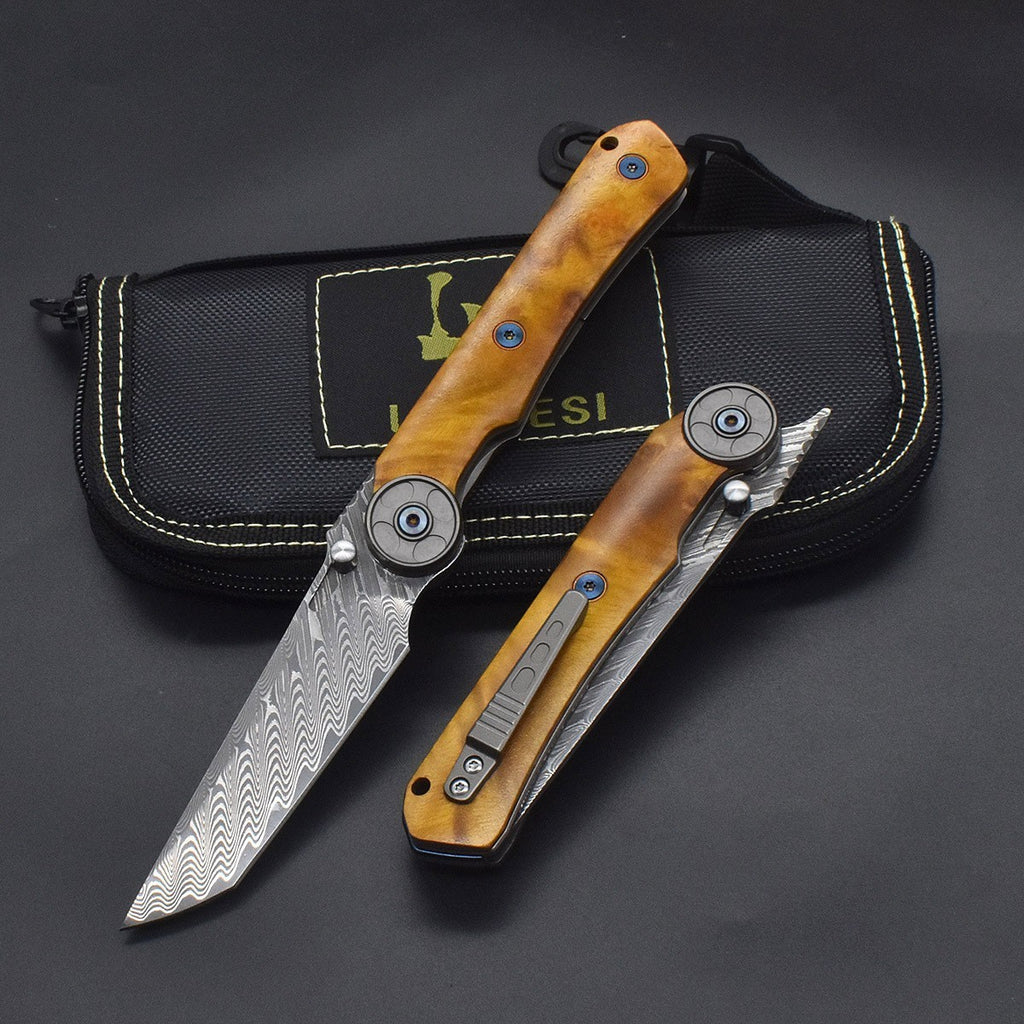 8'' New Fast Opening VG10 Damascus Blade Wood Handle Pocket Folding Knife VTF123