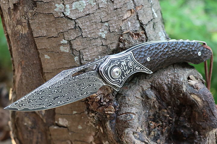 8'' New Manual VG10 Damascus Blade Ebony Handle Pocket Folding Knife VTF73