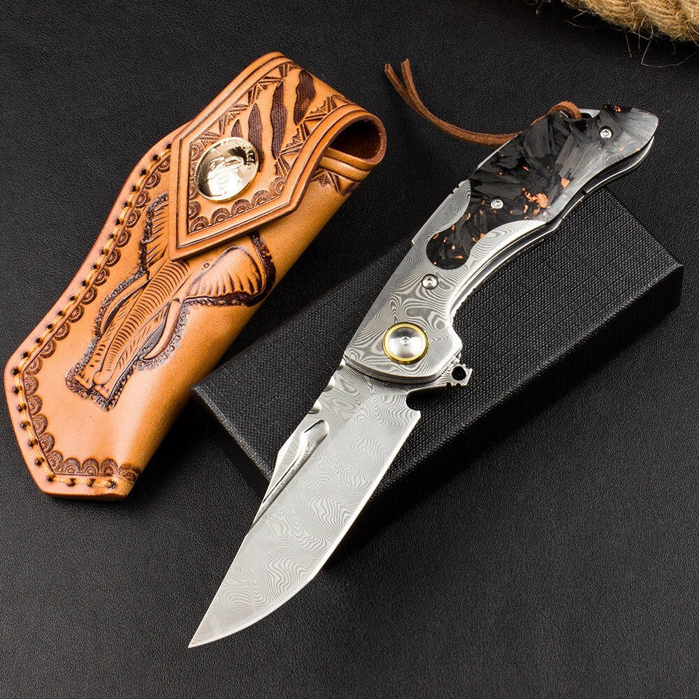 8'' New FlodingKnife Crushed Pocket Camping Damascus Blade Knife VTF81