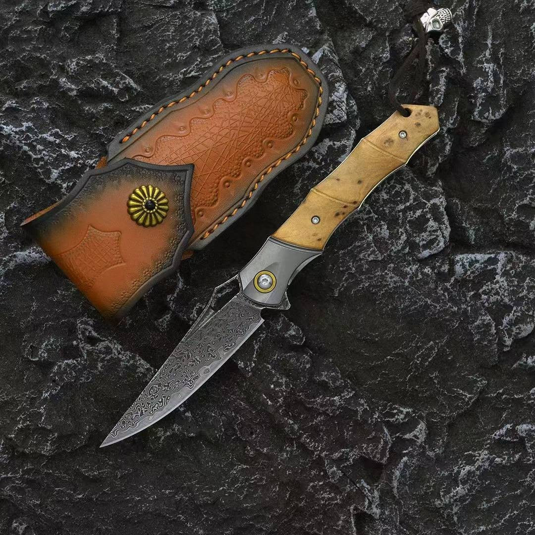 8'' New VG10 Damascus Blade Wood Handle Camping Pocket Folding Knife VTF183