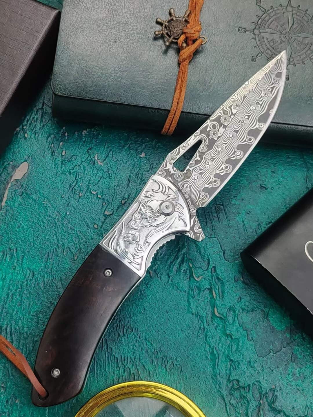 8''New Ebony Handle VG10 Damascus Blade Pocket Folding Knife VTF45W