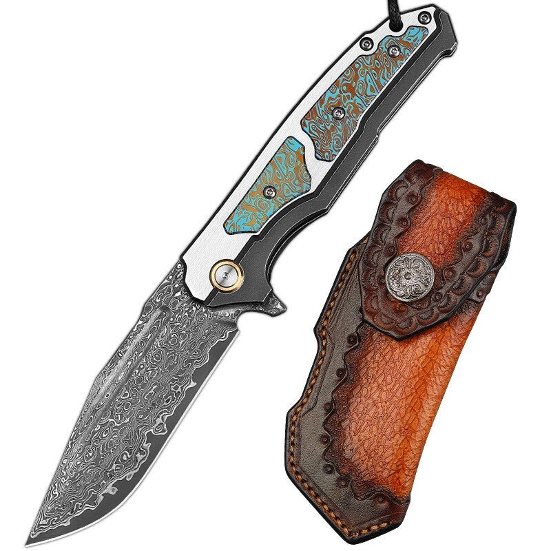 8'' New VG10 Damascus Blade Full T4C Titanium Handle  Folding Camping Pocket Knife VTF47