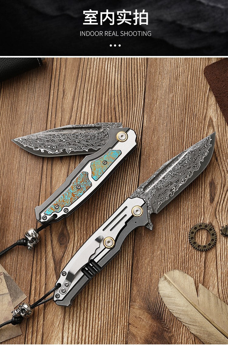 8'' New VG10 Damascus Blade Full T4C Titanium Handle  Folding Camping Pocket Knife VTF47