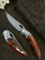8'' New Folding Tool VG10 Damascus Blade Wood Handle Camping Tool VTF41