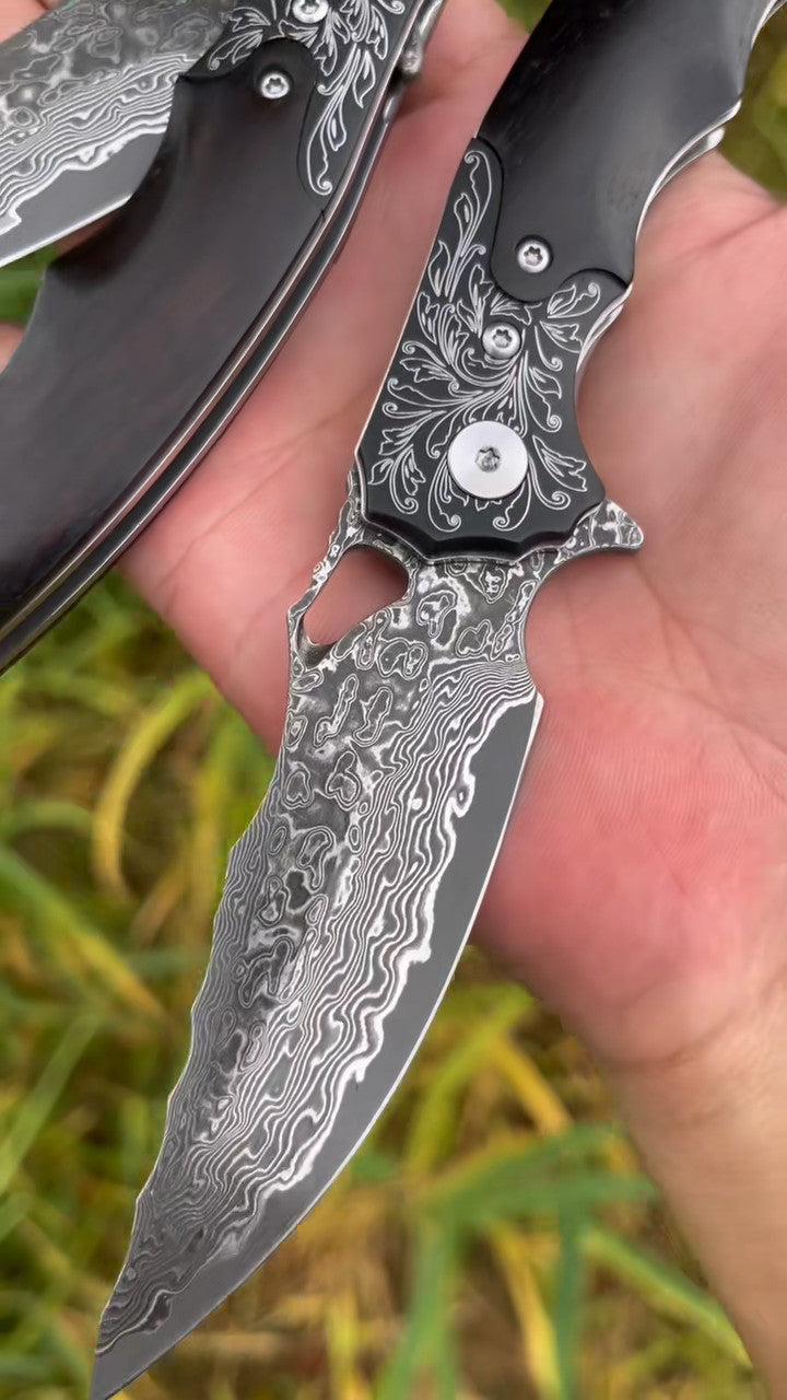 New VG10 Damascus Blade Wood Handle Folding Knife VTF41B