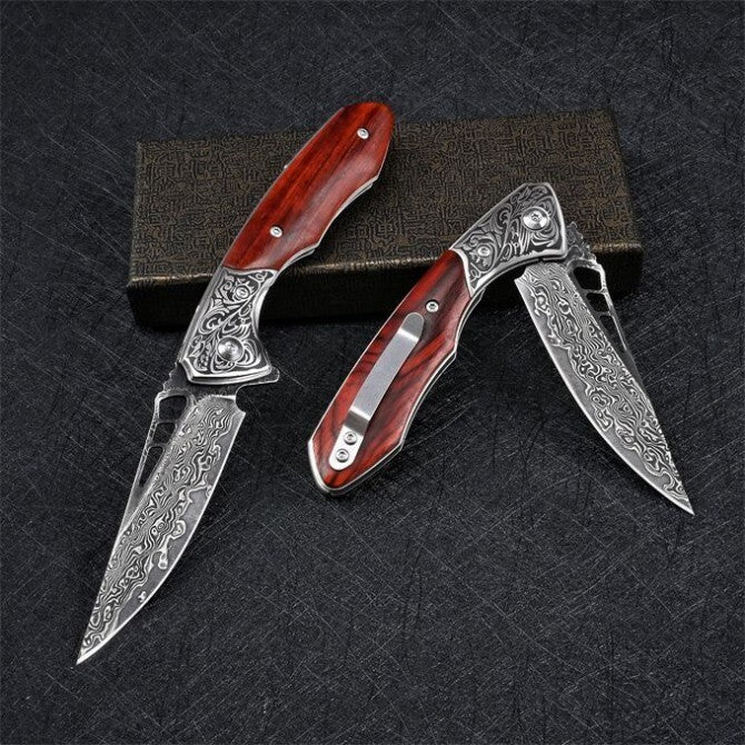 8'' New Folding Knife VG10 Damascus Blade Wood Handle Camping PocketKnife VTF62
