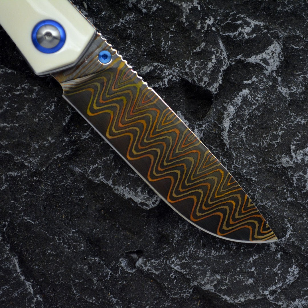 7.5''New Grade Copper Damascus Blade Bone Handle Camping EDC Folding Knife VTF13