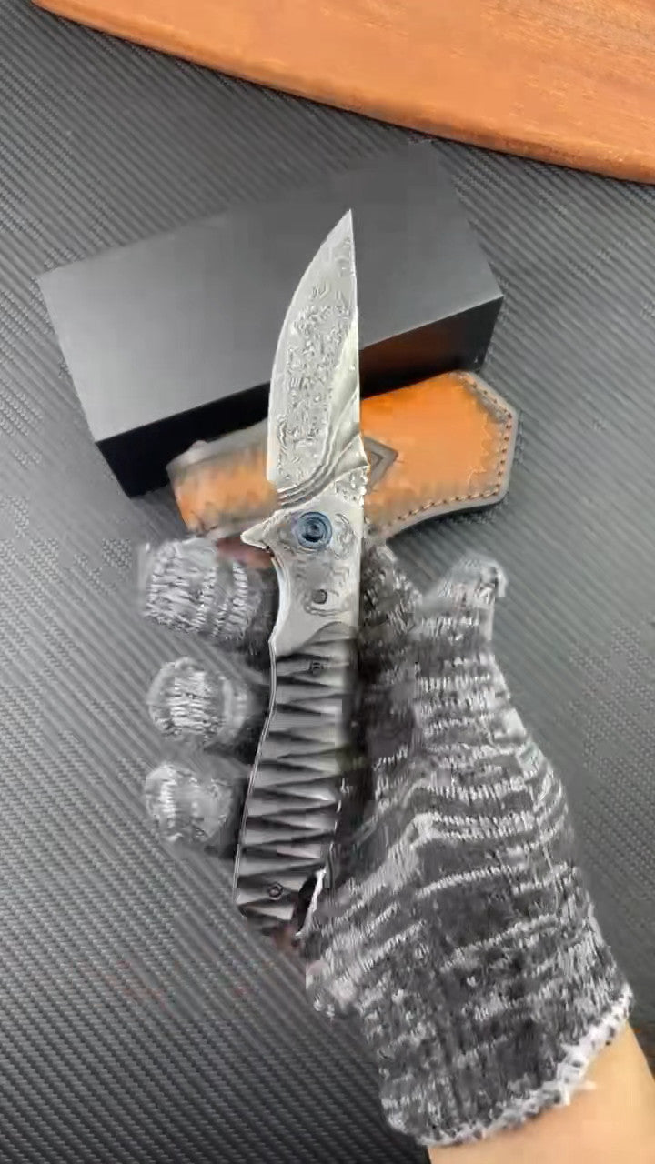 8'' New Fast Opening VG10 Damascus Blade Wood Handle Pocket Folding Knife VTF05