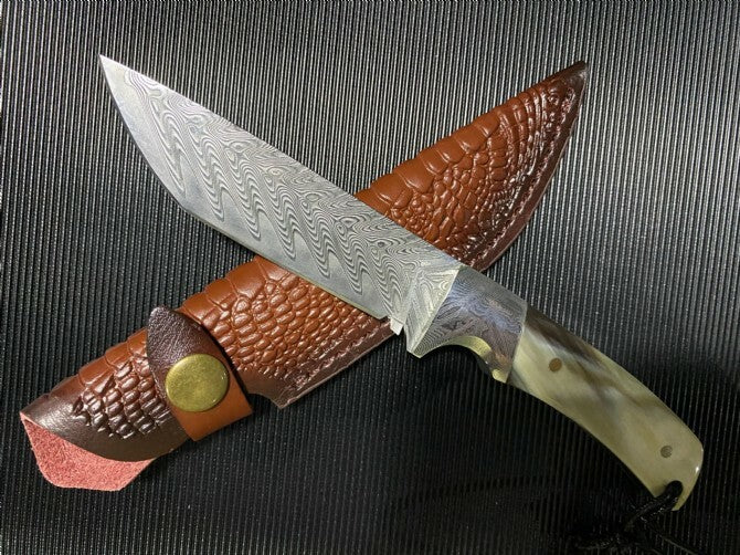 8'' New VG10 Damascus Blade Horn Handle Collection Camping Knife VTH09
