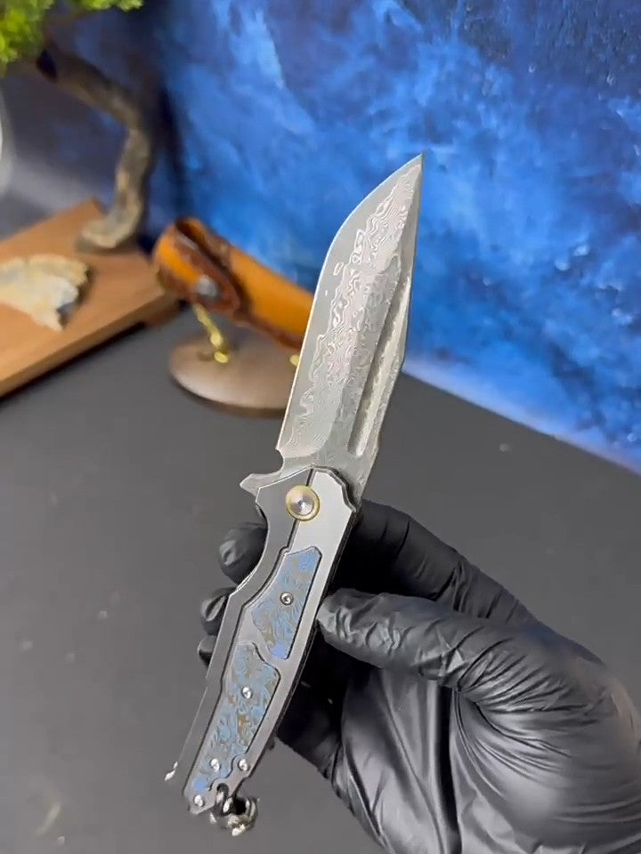 8'' New VG10 Damascus Blade Full T4C Titanium Handle  Folding Camping Pocket Knife VTF47