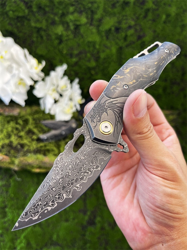 7'' New Folding Knife VG10 Damascus Blade Wood Handle Camping Knife VTF90