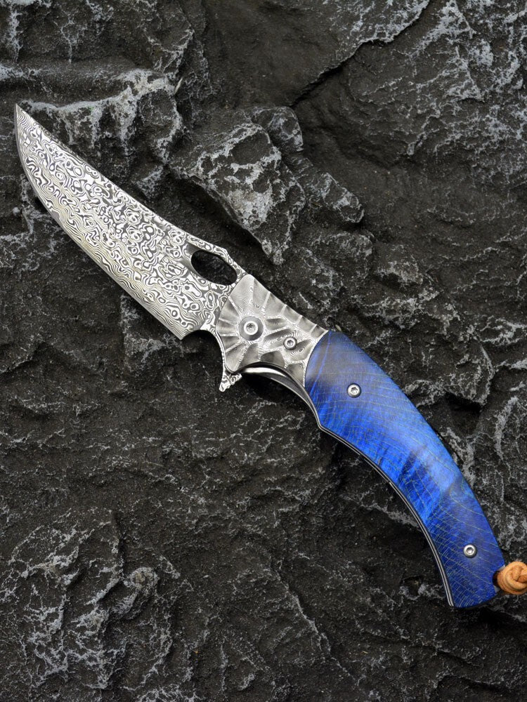 8'' New Fast Opening VG10 Damascus Blade Wood Handle Pocket Folding Knife VTF29