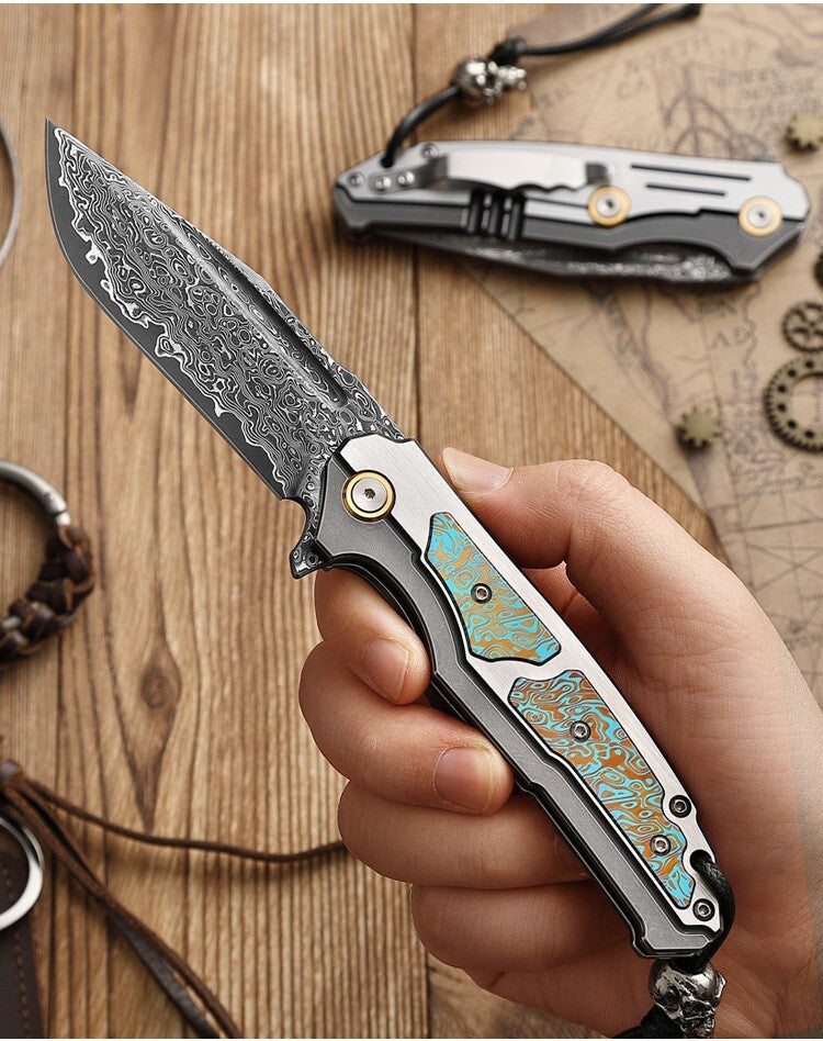 8'' New VG10 Damascus Blade Full T4C Titanium Handle  Folding Camping Pocket Knife VTF47