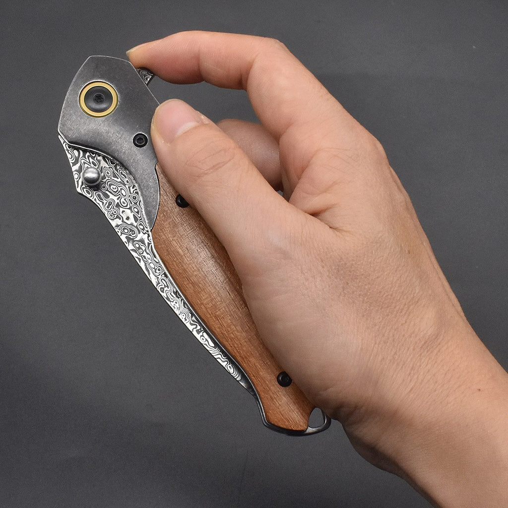 New Folding Knife VG10 Damascus Blade Wood Handle PocketKnife VTF38